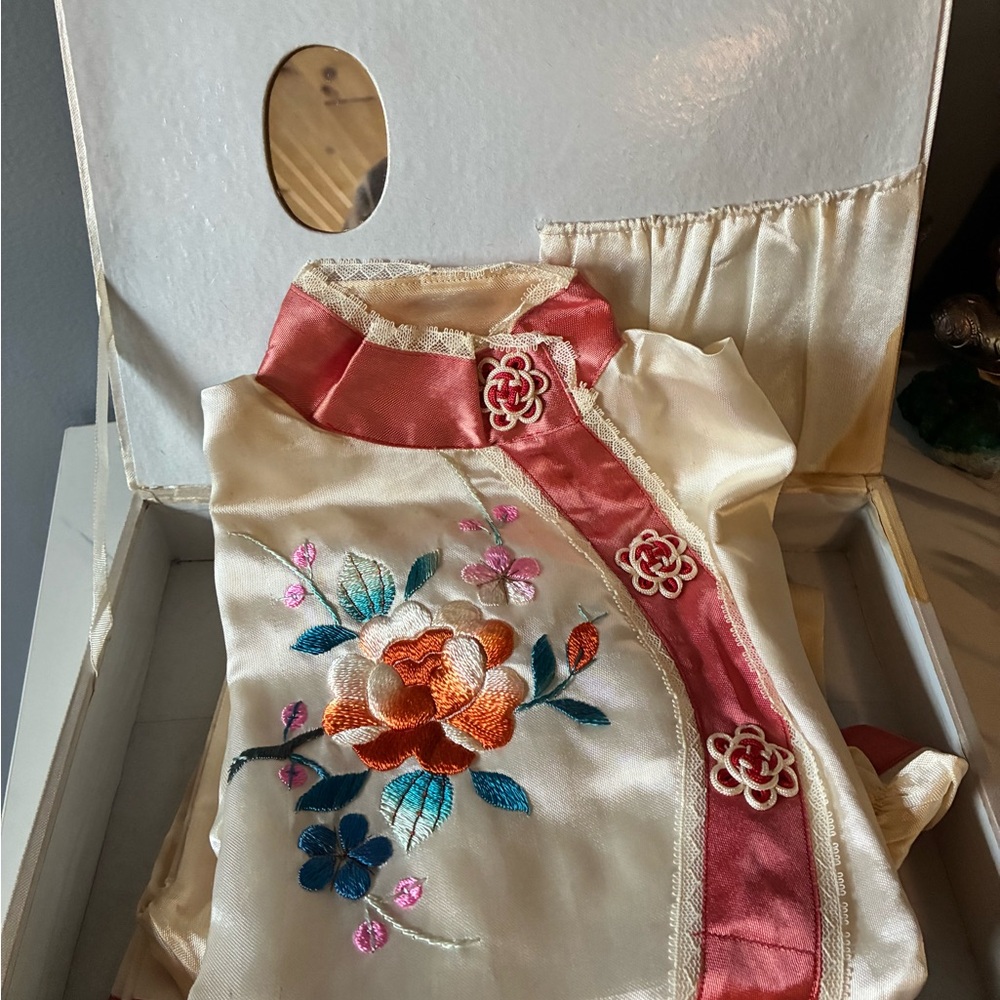 Vintage Child’s Chinese Satin Embroidered Outfit set in original box